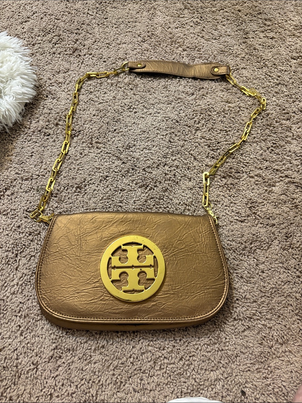 Tory Burch Metallic Gold Leather Crossbody with Logo Emblem